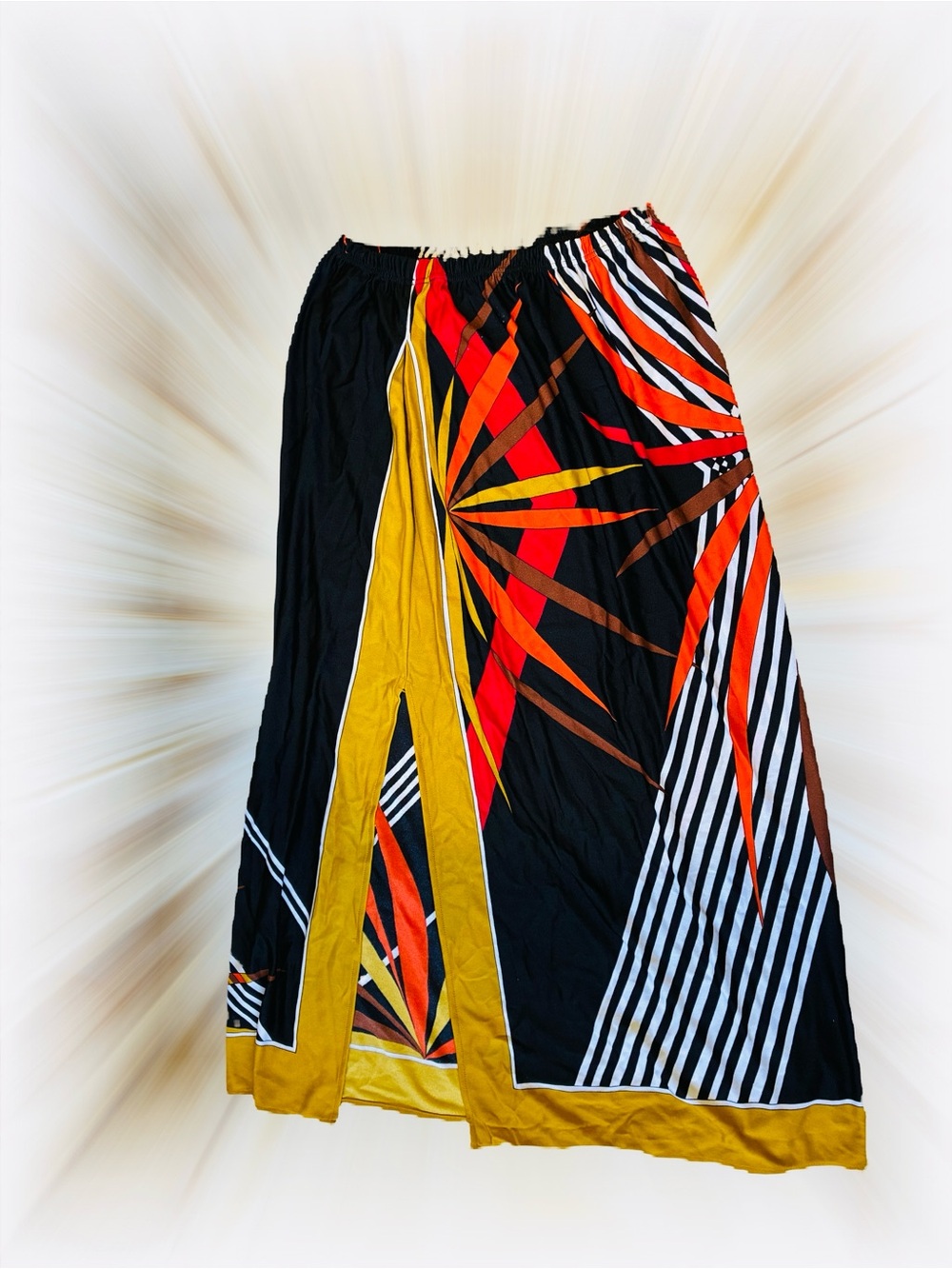 Vintage Black Maxi Skirt with Mustard, Red & Orange Starburst Print